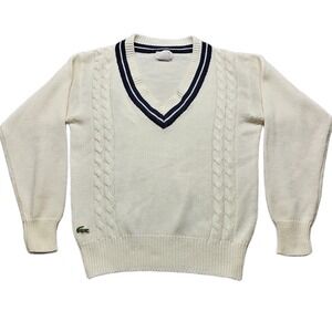IZOD Lacoste Sweater Mens Medium Cream Cable-Knit V-Neck Patch Alligator Logo
